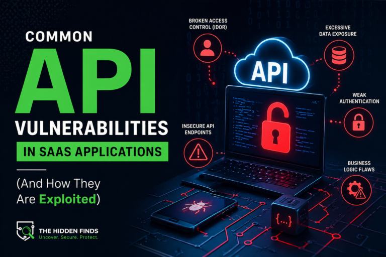 Title card: Common API Vulnerabilities in SaaS Applications. A laptop with an open red padlock under an API cloud, surrounded by vulnerability labels