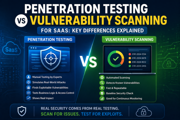 Comparison graphic: manual penetration testing that finds exploitable access control and logic flaws, beside automated vulnerability scanning that lists known CVEs