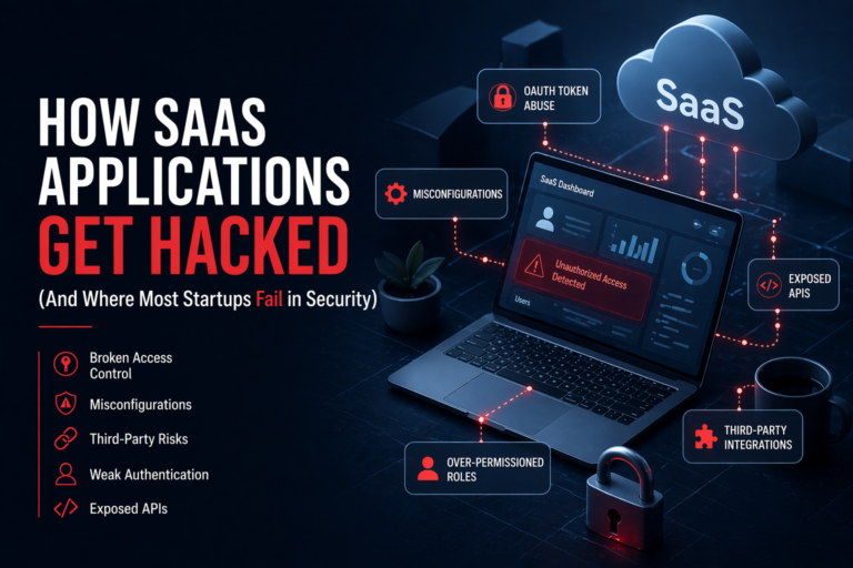 Title card: How SaaS Applications Get Hacked. A SaaS dashboard showing an unauthorized access alert, linked to token abuse, misconfigurations and exposed APIs
