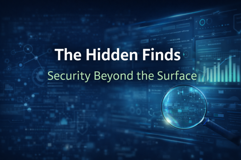 The Hidden Finds, Security Beyond the Surface, written over a blue security dashboard with a magnifying glass