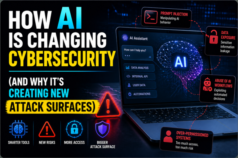 Title card: How AI Is Changing Cybersecurity. A laptop running an AI assistant, surrounded by warnings for prompt injection, data exposure and excessive permissions