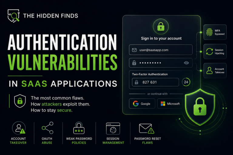 Title card: Authentication Vulnerabilities in SaaS Applications. A sign in form with a two factor code, flagged for MFA bypass, session hijacking and account takeover
