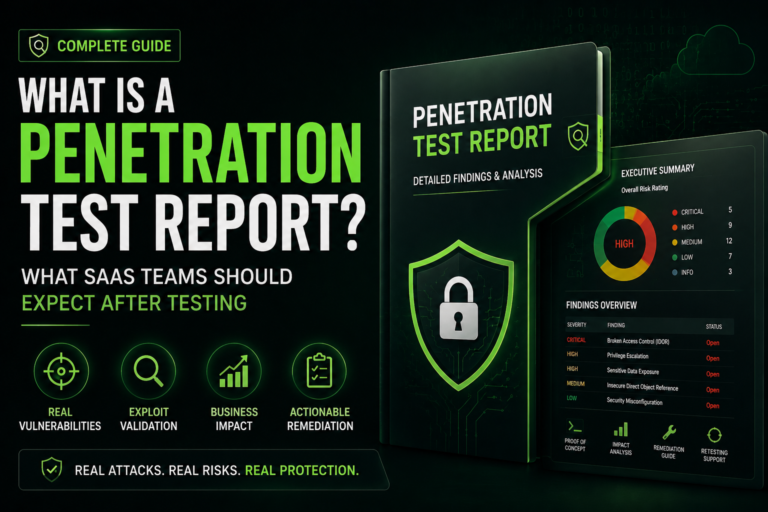Title card: What Is a Penetration Test Report. A report cover beside an executive summary with a risk rating chart and a table of findings