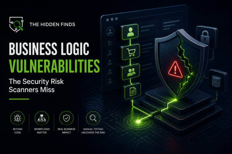 Title card: Business Logic Vulnerabilities. An app workflow of user, cart, team and document steps leading to a cracked shield with a warning sign