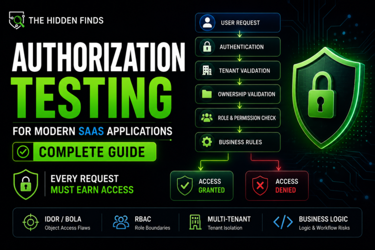 Title card: Authorization Testing for Modern SaaS Applications. A request passes authentication, tenant, ownership and role checks before access is granted or denied