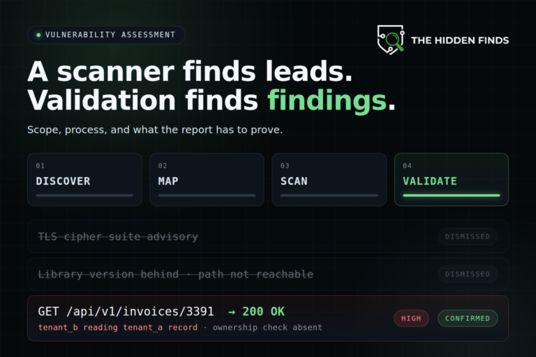 Four stage vulnerability assessment process with two dismissed scanner results and one confirmed high severity tenant isolation finding.